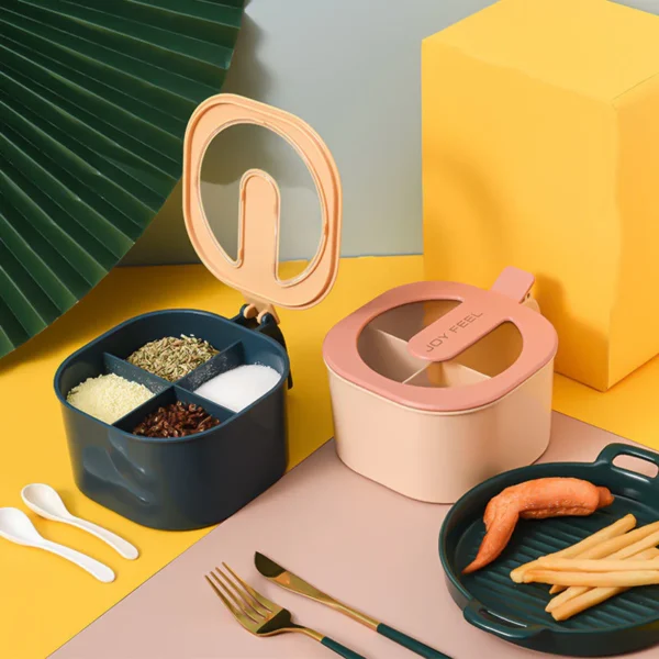 Combo Deal - 4 Section Spice Container Box & Multi-function Spit Bone 10 Plate Set Kitchen Storage Organizer (Random color)
