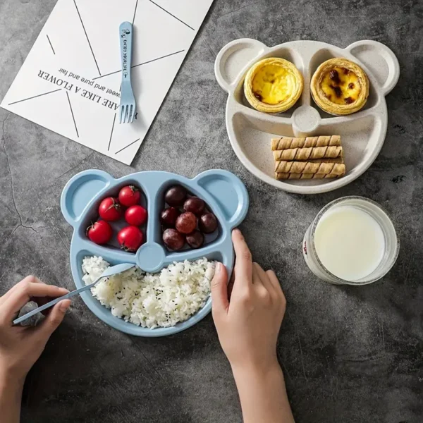 5 Pcs Bear Plate Set - Cartoon compartment dinner plate | Includes Divided Plate, Fork & Spoon, Perfect For Toddlers & Preschoolers (Random color)