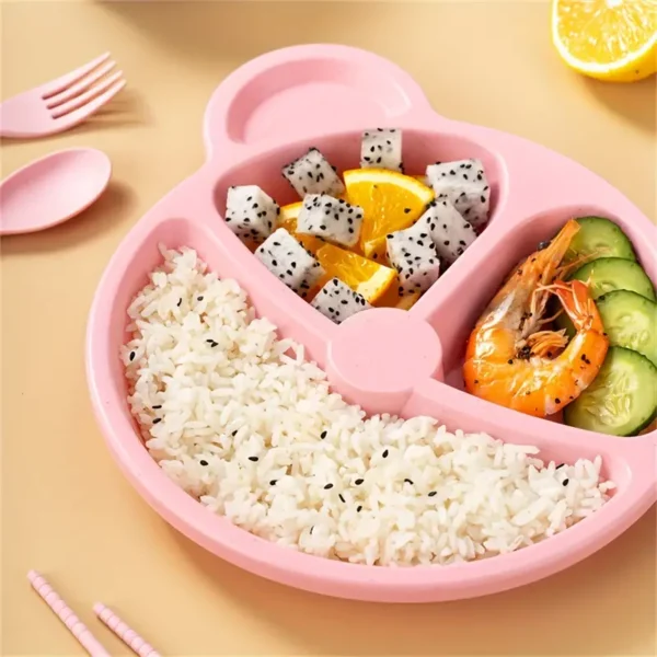 5 Pcs Bear Plate Set - Cartoon compartment dinner plate | Includes Divided Plate, Fork & Spoon, Perfect For Toddlers & Preschoolers (Random color)