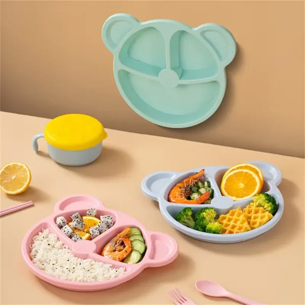5 Pcs Bear Plate Set - Cartoon compartment dinner plate | Includes Divided Plate, Fork & Spoon, Perfect For Toddlers & Preschoolers (Random color)