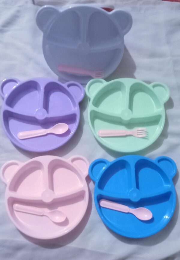 5 Pcs Bear Plate Set - Cartoon compartment dinner plate | Includes Divided Plate, Fork & Spoon, Perfect For Toddlers & Preschoolers (Random color)