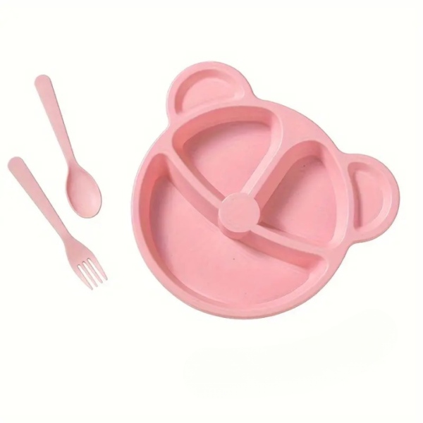 5 Pcs Bear Plate Set - Cartoon compartment dinner plate | Includes Divided Plate, Fork & Spoon, Perfect For Toddlers & Preschoolers (Random color)