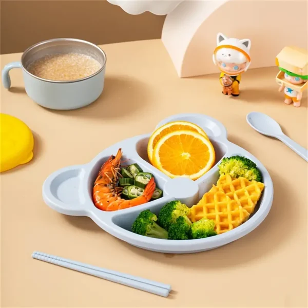 5 Pcs Bear Plate Set - Cartoon compartment dinner plate | Includes Divided Plate, Fork & Spoon, Perfect For Toddlers & Preschoolers (Random color)