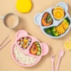 5 Pcs Bear Plate Set - Cartoon compartment dinner plate | Includes Divided Plate, Fork & Spoon, Perfect For Toddlers & Preschoolers (Random color)