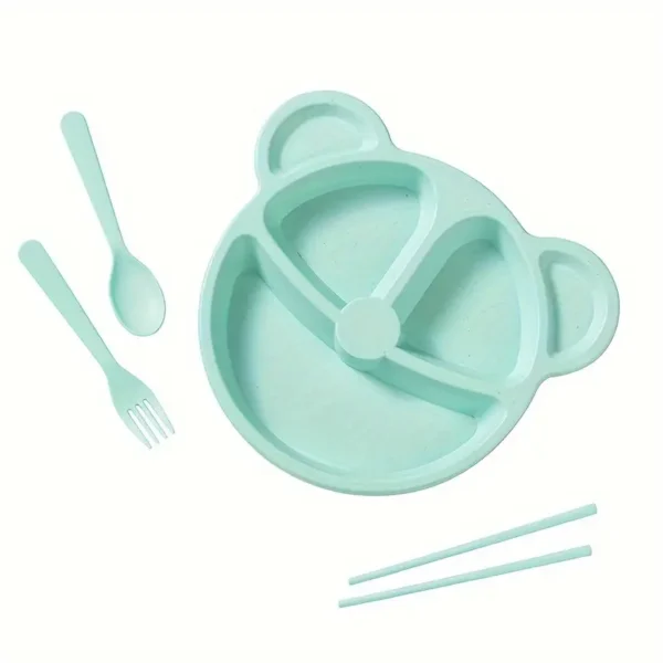 5 Pcs Bear Plate Set - Cartoon compartment dinner plate | Includes Divided Plate, Fork & Spoon, Perfect For Toddlers & Preschoolers (Random color)