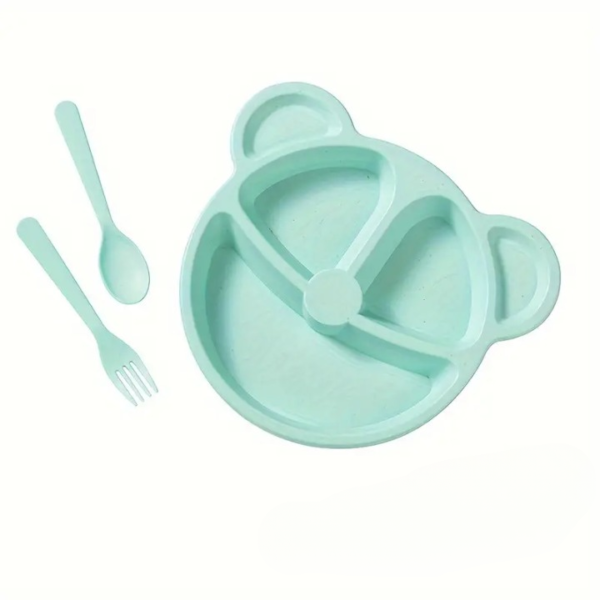 5 Pcs Bear Plate Set - Cartoon compartment dinner plate | Includes Divided Plate, Fork & Spoon, Perfect For Toddlers & Preschoolers (Random color)