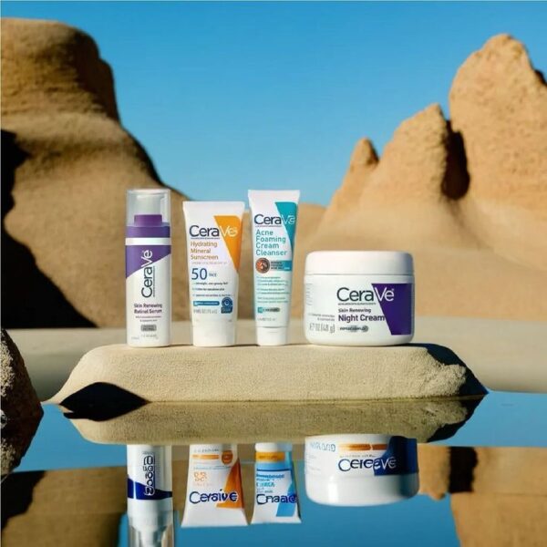 Cerave 4-in-1 Skincare Bundle: Skin Renewing Night Cream, Hydrating Sunblock, Acne Cleanser & Skin Renewing Retinol Serum