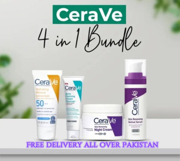 Cerave 4-in-1 Skincare Bundle: Skin Renewing Night Cream, Hydrating Sunblock, Acne Cleanser & Skin Renewing Retinol Serum