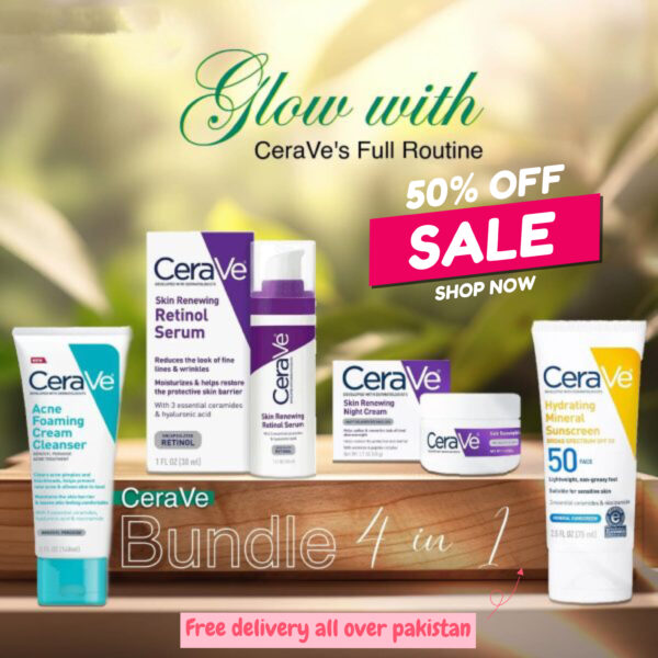 Cerave 4-in-1 Skincare Bundle: Skin Renewing Night Cream, Hydrating Sunblock, Acne Cleanser & Skin Renewing Retinol Serum