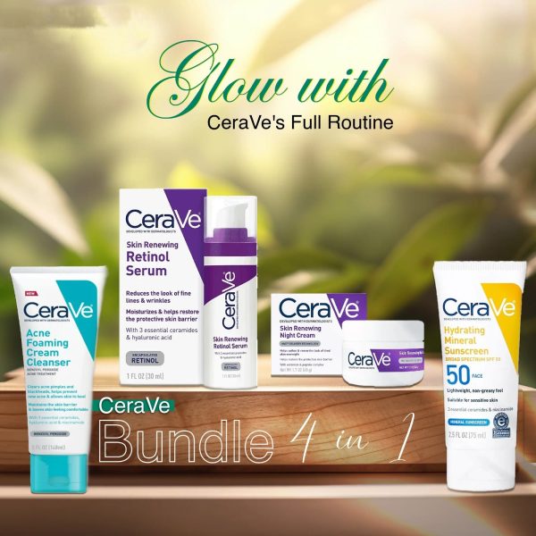 Cerave 4-in-1 Skincare Bundle: Skin Renewing Night Cream, Hydrating Sunblock, Acne Cleanser & Skin Renewing Retinol Serum