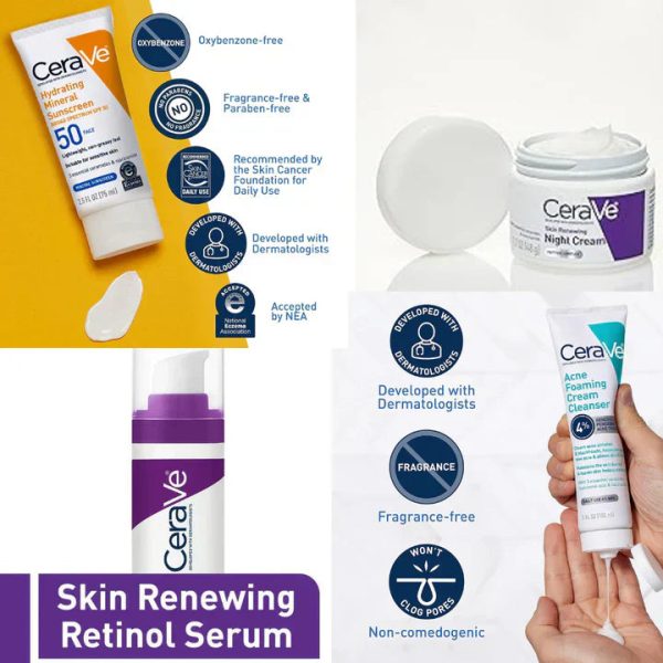 Cerave 4-in-1 Skincare Bundle: Skin Renewing Night Cream, Hydrating Sunblock, Acne Cleanser & Skin Renewing Retinol Serum